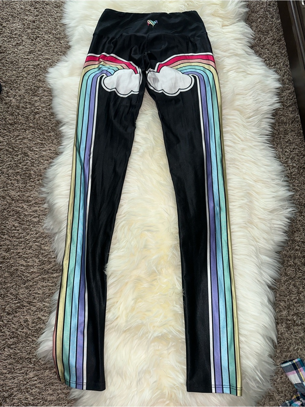 Goldsheep Leggings with Rainbow Stripes and Cloud Motif